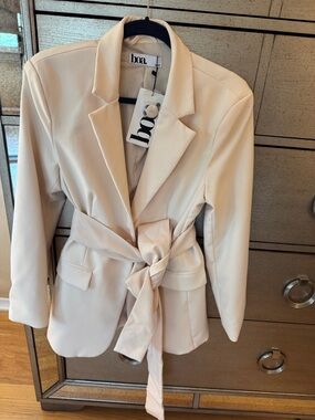 boa Cream Self-Tie Belted Blazer